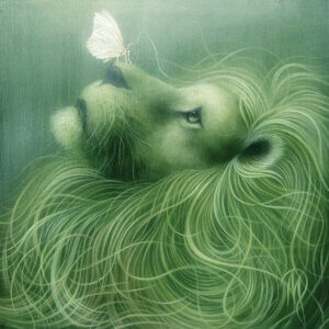 Illustration of a lion in a green tone looking up to a white butterfly on its nose