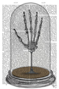 Skeleton hand in a bell jar over a text background
