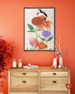 Illustration of orange mermaid swimming with flowers and goldfish in an orange-toned room with candles on a dresser