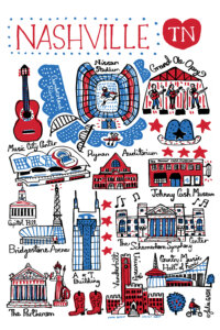 Illustration of symbols and landmarks from Nashville in red and blue on a white background