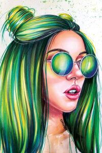 Illustration of woman with green tinted sunglasses and long green hair tied into buns