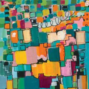 Abstract image with square and linear shapes in teal, blue, yellow, orange, pink, white and black