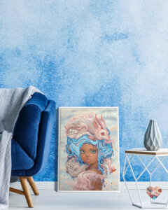 Pop surrealist portrait of girl with dripping blue hair and a pink creature on her head framed in white leaning on floor of a living room with a blue textured wall and a dark blue velvet sofa