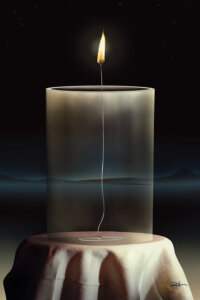 Transparent candle with lit frame on a round tablecloth in front of a dark background