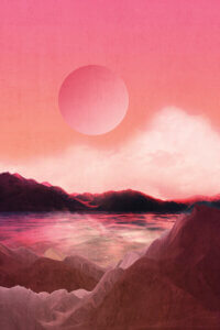 Graphic of a sun setting over a mountain and water landscape in a pink toned dusk