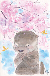 Illustration of a cute brown otter praying under a pink cherry blossom tree with butterflies