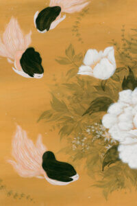 Three goldfish-shaped mermaids with black hair swimming around white peonies on a gold background