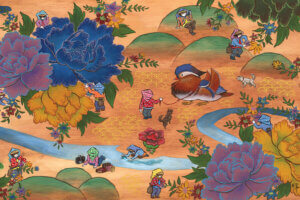 Illustration of green hills, tiny people, large blue and purple peonies, a river, and a giant duck on a leash in an Asian village