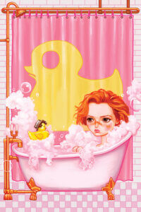 Illustration of a girl with red hair sitting in a bathtub with pink bubbles looking at a yellow rubber duck wearing a hat next to a pink shower curtain with a yellow duck on it