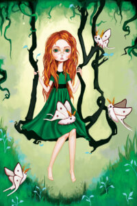 Illustration of a girl with long red hair wearing a green dress sitting on a swing made of vines with butterflies in a green forest