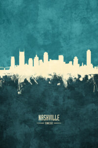 Outline of Nashville skyline on a teal background with text that says Nashville Tennessee
