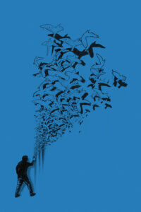 Graphic of man spraying graffiti that turns into a flock of birds on a blue background