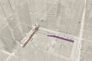 an aerial architectural map that shows New York train stations at 42nd Street Bryant Park