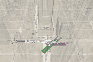 an aerial architectural map showing the New York train station at 42nd Street Grand Central
