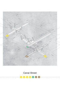 an aerial architectural map showing New York train lines that rung along Canal Street