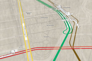 a map showing the train line colors in Manhattan near City Hall Park and NYC Department of Records