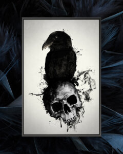 Graphic of a crow sitting on top of a skull on a white background framed over a photo of black feathers