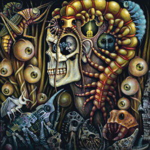 Profile of a skeleton with man inside peeking through eye socket surrounded by insects, machinery, and eyeballs