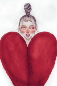 Illustration of female winking with candy heart on tongue and wearing a heart-shaped fur