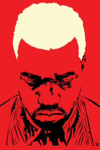 Red image of Kanye West looking downwards with blonde hair