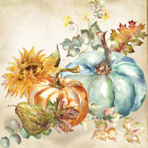 Watercolor pumpkins with sunflower, fall leaves, and pear