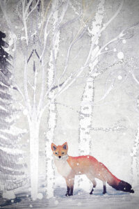 a fox standing next to some white trees while it's snowing