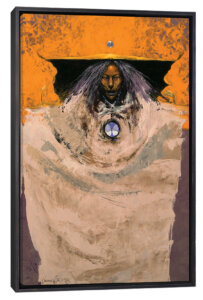 a shaman with wiry gray and purple hair wearing a large tan garment with a gold and black headpiece