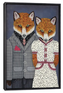 two foxes wearing outfits with music note accents, one in a gray suit and the other in a white dress