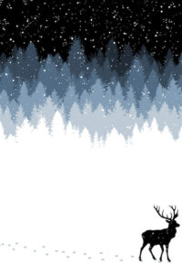 the dark night sky with snow falling over different shades of blue trees onto a snow covered floor with a deer walking by
