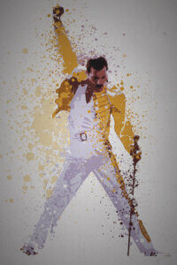 Splattered graphic of Freddy Mercury posing in a yellow jacket with microphone