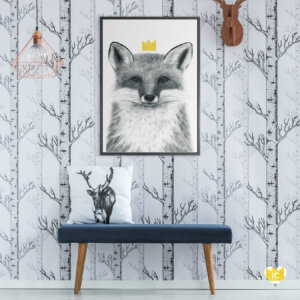 a portrait of a fox in grayscale wearing a yellow crown