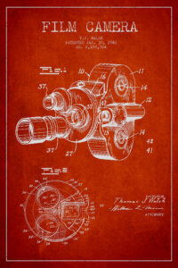 Red blueprint of a film camera with white text