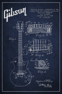 Dark blue blueprint of a Gibson guitar in white text