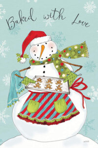 Snowman wearing a Santa hat, scarf, and apron holding a tray of gingerbread cookies with text that says "Baked with love"