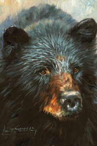 Close up portrait of a black bear against a gold and light blue background