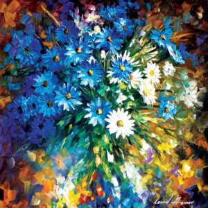 Textured painting of blue and white flowers on a multicolored abstract background