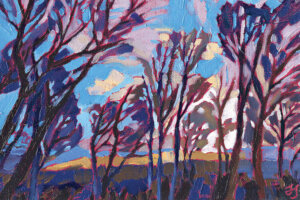 “Bus Stop Sky” by Jessica Johnson shows bare trees illuminating from the glow of the purple and blue sky.