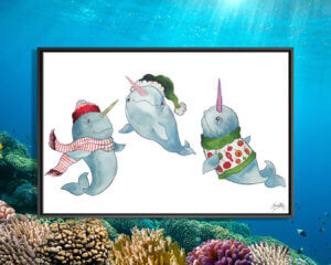 Watercolor illustration of three narwhals wearing winter hats, sweaters and scarves