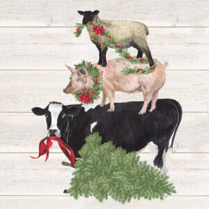A cow, pig, and sheep all standing on top of each other wearing or holding Christmas wreaths with a Christmas tree on the bottom on a white shiplap background