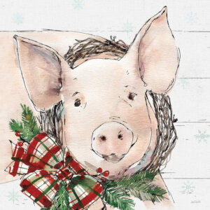 Illustration of a pig wearing a Christmas wreath with a plaid bow around its neck on a white shiplap background