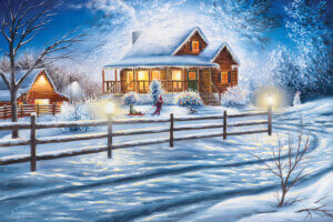 Scene of a log cabin with lights on in a yard covered with snow and Christmas lights in the bushes and two kids and a husky playing on a sled