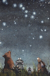 A bear, raccoon, mouse, and rabbit standing in tall grass and looking up at a constellation of stars at night