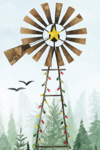 Image of a brown weather vane with a gold star in the center lined with Christmas string lights in a field of pine trees with two black birds in the background