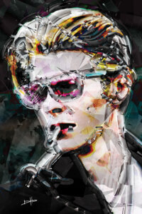 Collage-style image of David Bowie wearing pink sunglasses and smoking a cigarette