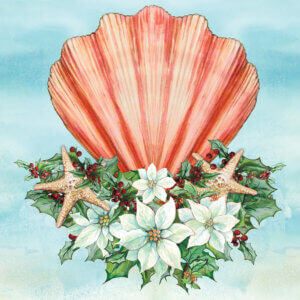 Pink seashell with mistletoe and starfish around it on a blue background