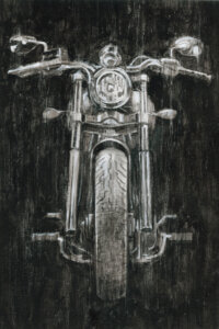 Illustration of front-facing view of a motorcycle on a black background