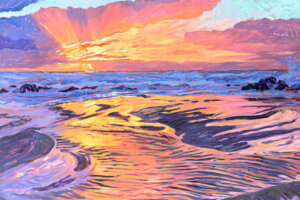 “Fire And Water” by Jessica Johnson shows a golden sunset casting light across the clouds and over water rivulets.