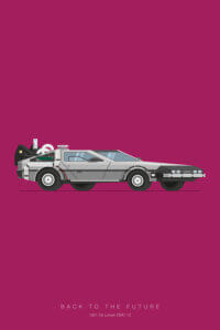 Minimalist poster of DeLorean from Back to the Future on a purple background