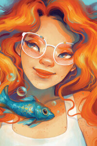 Graphic of a female with glowing red hair wearing white rimmed glasses smiling next to a blue fish with bubbles