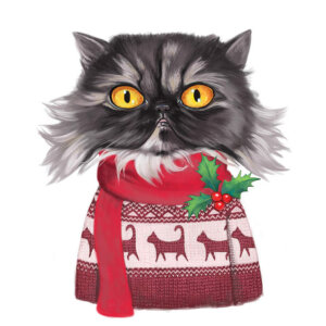 Gray furry cat with yellow eyes wearing a Christmas sweater and a scarf with mistletoe on it